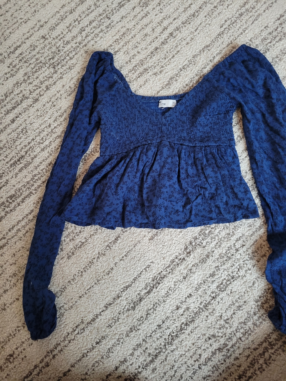 Hollister Navy Blue Long-Sleeve Smocked Peplum Top